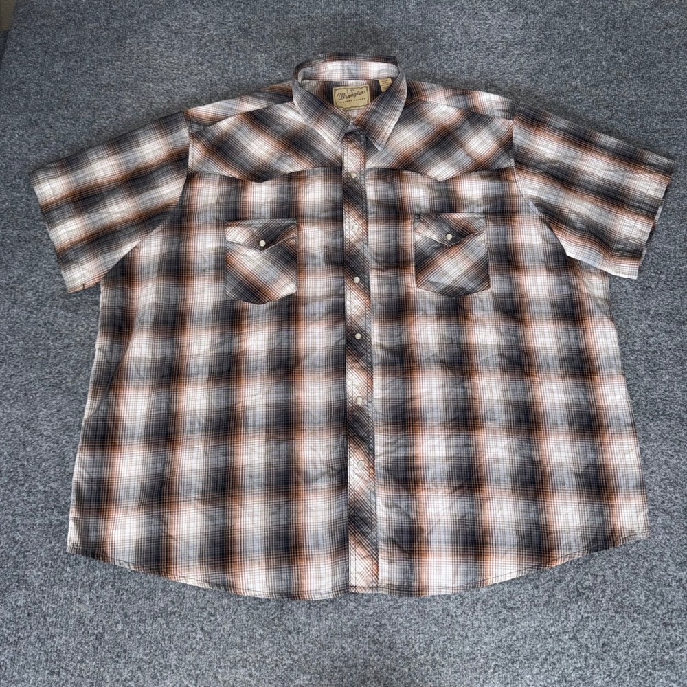 Wrangler Western Shirt Mens 3XL Brown Plaid Pearl Snap Short Sleeve Rodeo Cowboy